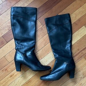 Geox Black Leather Knee-High Heel Boots